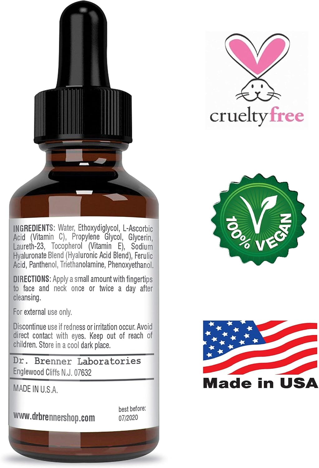 Vitamin C Serum 20% Pure L-Ascorbic Acid, Ferulic Acid, Vitamin E and Hyaluronic Acid for Face and Eyes 1oz. by Dr. Brenner - Image 3