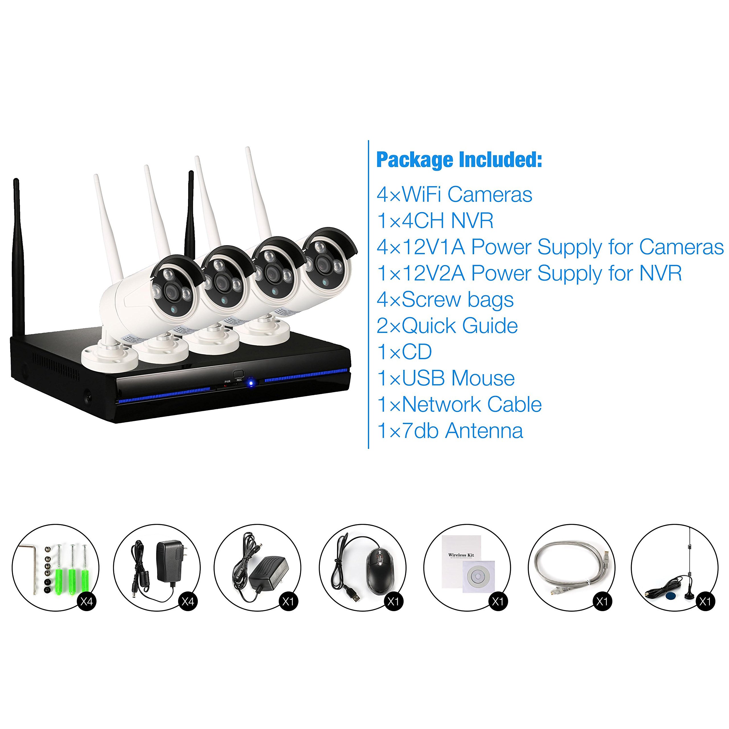 Security Camera Set Outdoor Wifi, 4 x 720P Wireless CCTV Cameras Kit for Home Garden, IP Surveillance Camera System with Night Vision, Motion Detector, NVR Recorder with 1TB Hard Disk, IP66 Waterproof, Motion Sensor for Android,IOS & PC , S