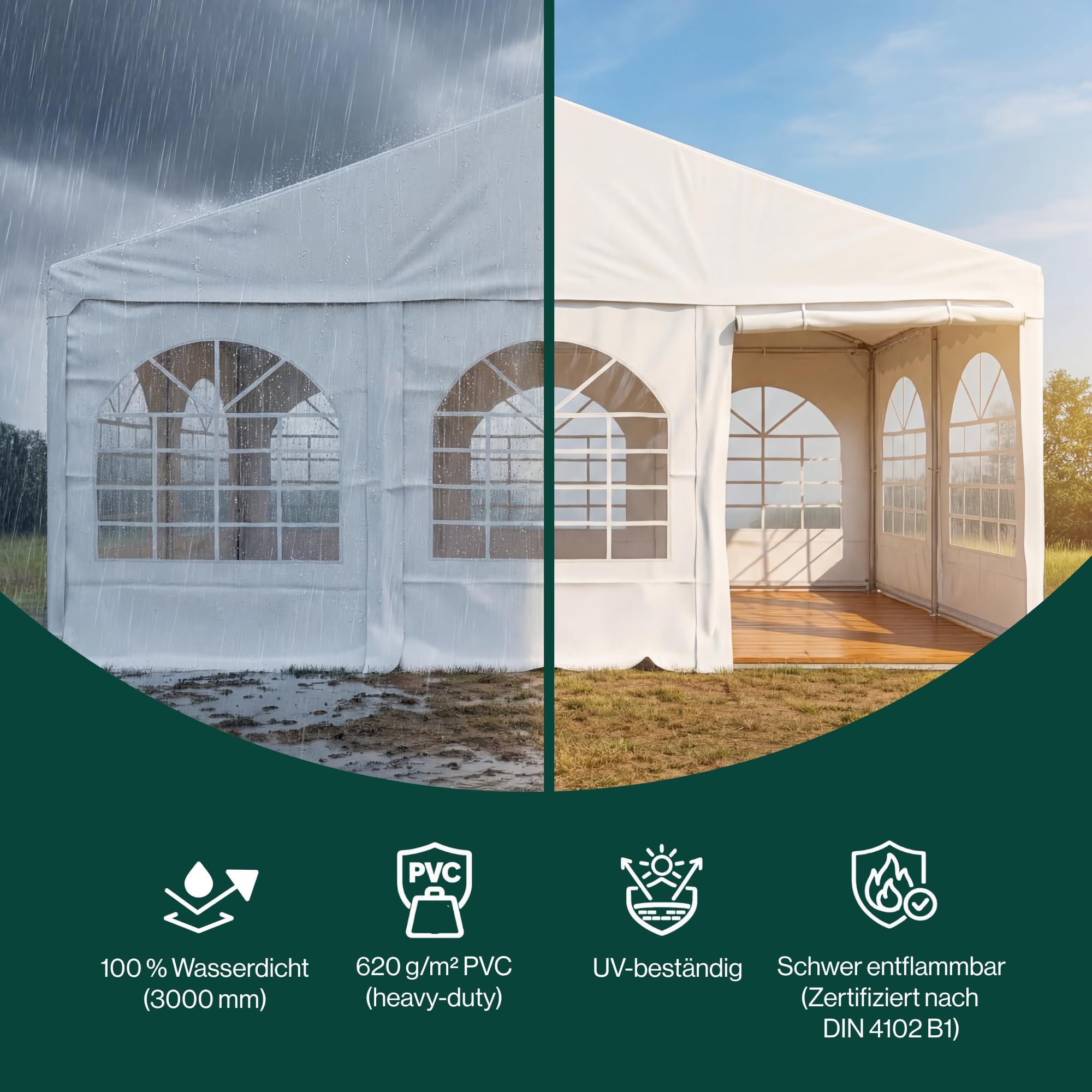 Tent for Events Partyzelt 4x6 m, 620g/m² PVC Eventzelt, Feuerhemmend & Wasserdicht, Klicksystem ohne Schrauben, Stahlrahmen, Inkl. 8 Fenster- & 2 Türseitenteile, Weiß 6
