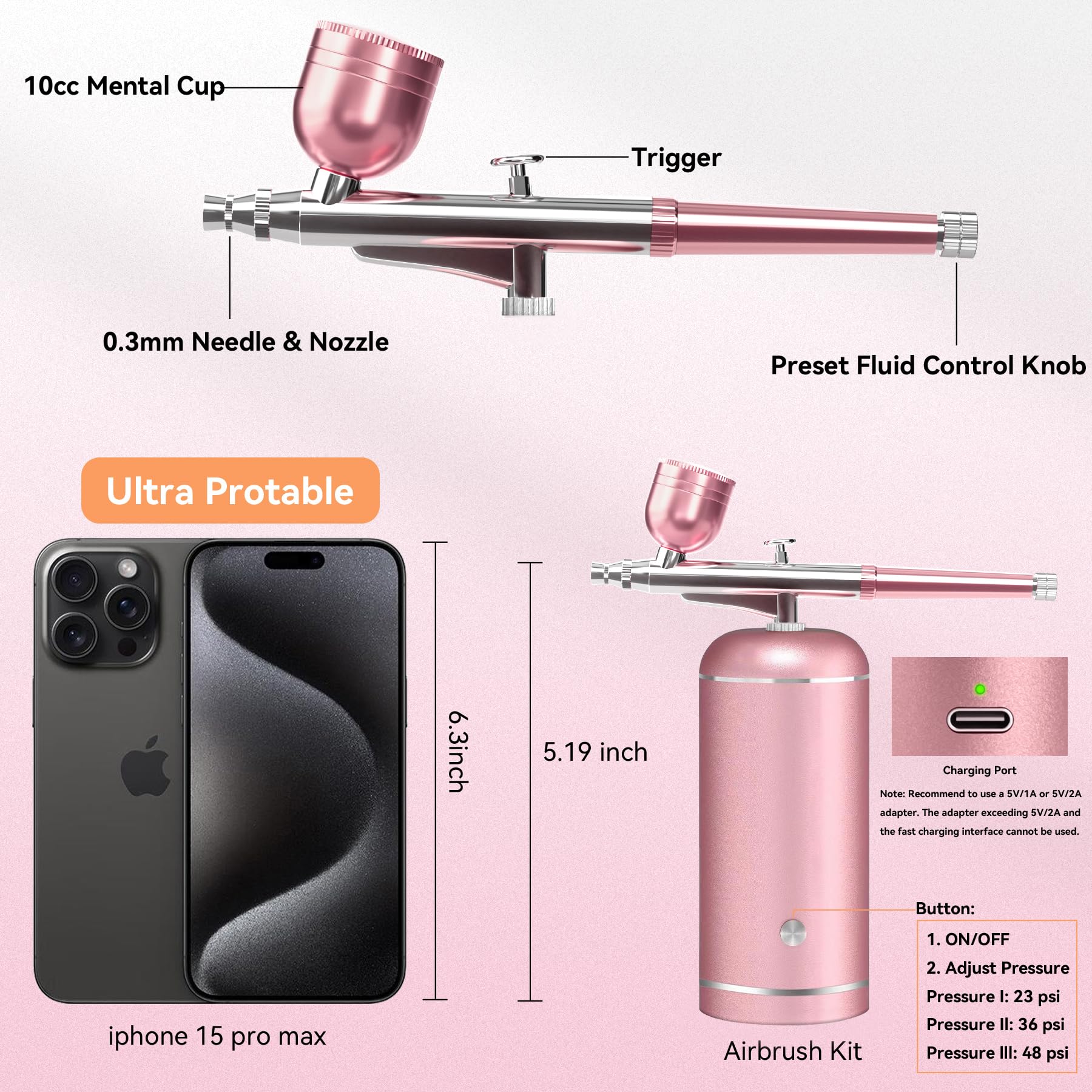 LOISVI Airbrush Kit with Compressor - 48PSI High-Pressure, Non-Clogging Air Brush Set Cordless Rechargeable with 0.3mm Nozzle and Cleaning Brush for Nail Art, Makeup, Painting, and Cake Decorating