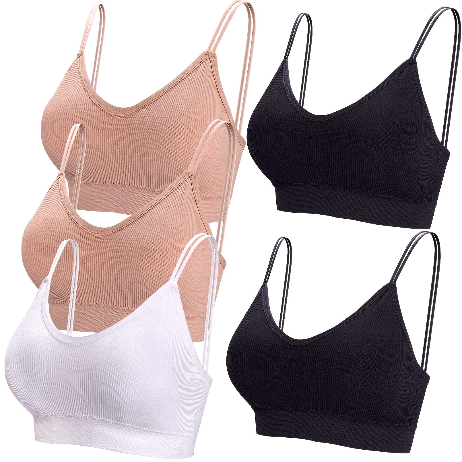 BQTQ 5 Pieces Camisole Bra for Women V Neck Bralettes Seamless Sleeping Bra with Straps and Removable Pads for Women Girls (Black, White, Beige, XL)