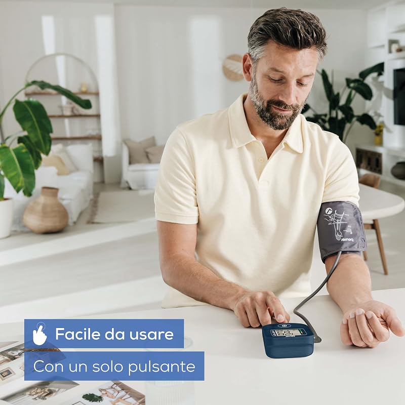 BM 25 misuratore di pressione da braccio, funzionamento semplice con un pulsante, misurazione precisa, rilevamento aritmie, porta USB-C, polsino 22-42 cm, trasferimento dati a Apple Health