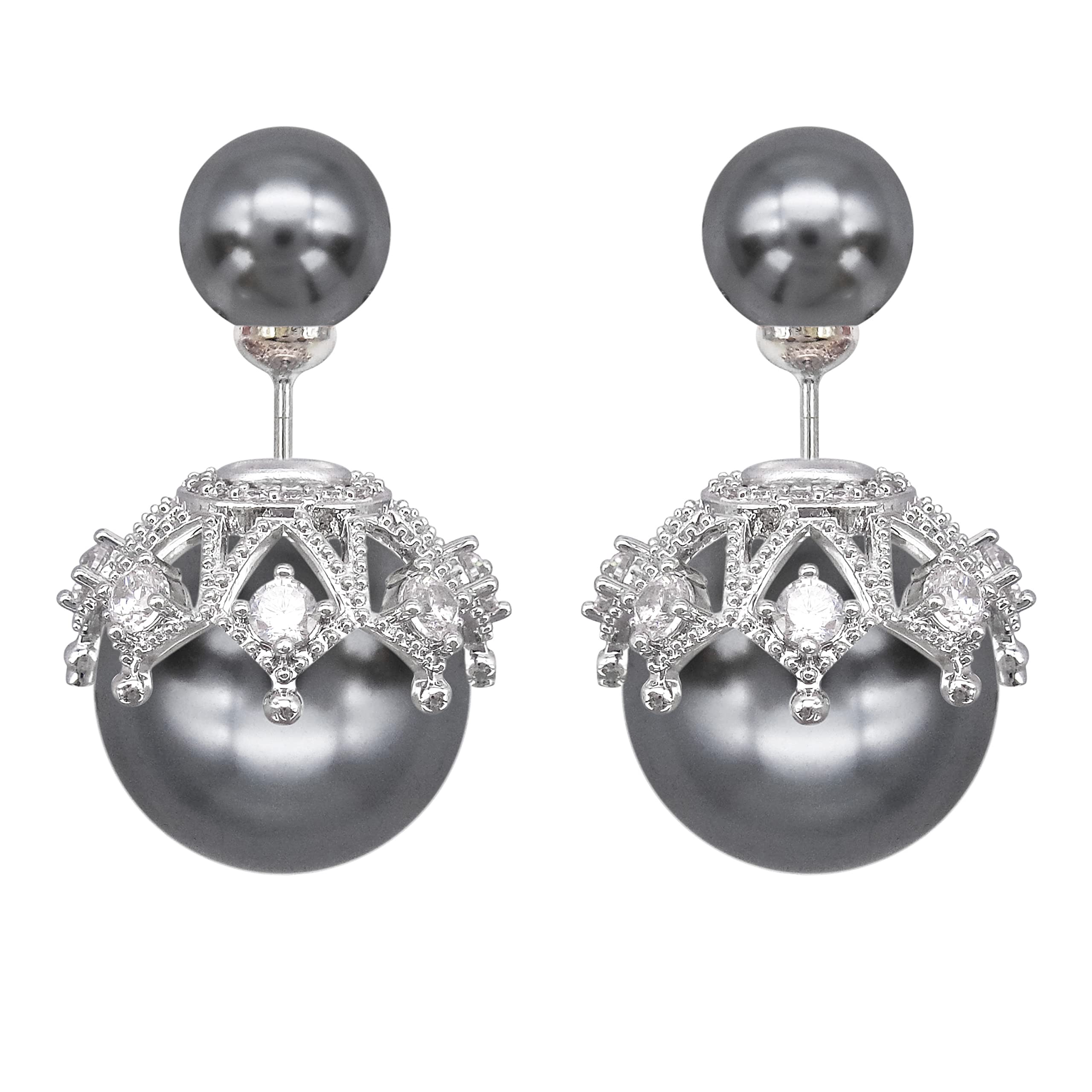 Hiqmic 925 Sterling Silver Post Fashion Double-sided Pearl Ear Stud Earrings White Gold Plated Jewelry Gifts for Women, WA90109-S Gray — image 1
