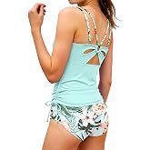 NAPU Girls Swimsuit 2 Piece Girls Tankini Swimsuit Back Cutout Drawstring Bathing Suit Printed Swimwear for 9-16Y