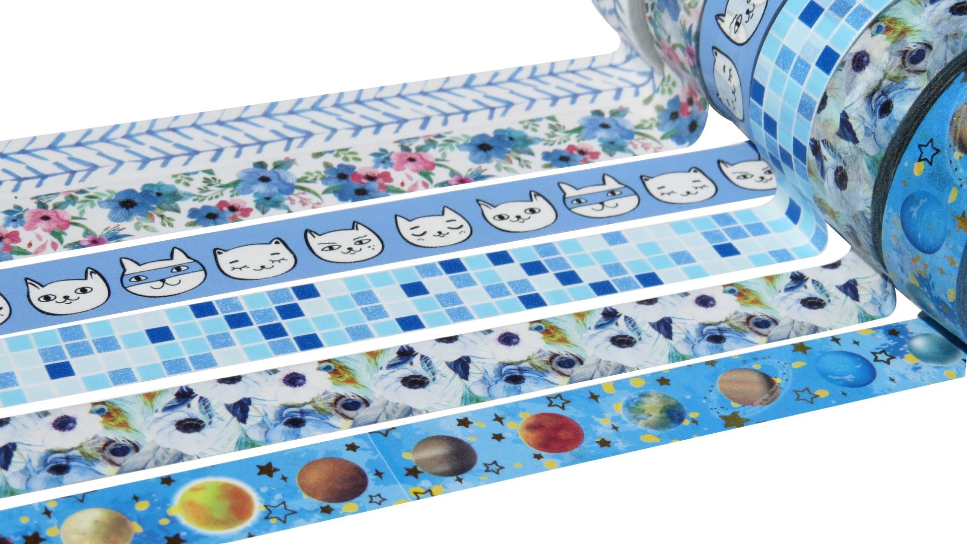 Blue Washi Tape Set 6 X 15mm x 10 Metre Rolls, Cats, Flowers, Tiles Space Arts & Crafts Tape (Blue)