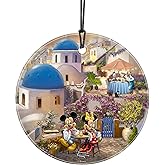 Disney - Mickey and Minnie Mouse - Santorini Greece – Thomas Kinkade Studios - 3.5” Starfire Prints Hanging Glass Print Accessory – Collectible | Complimentary Velveteen Gift Bag SPCIR1175
