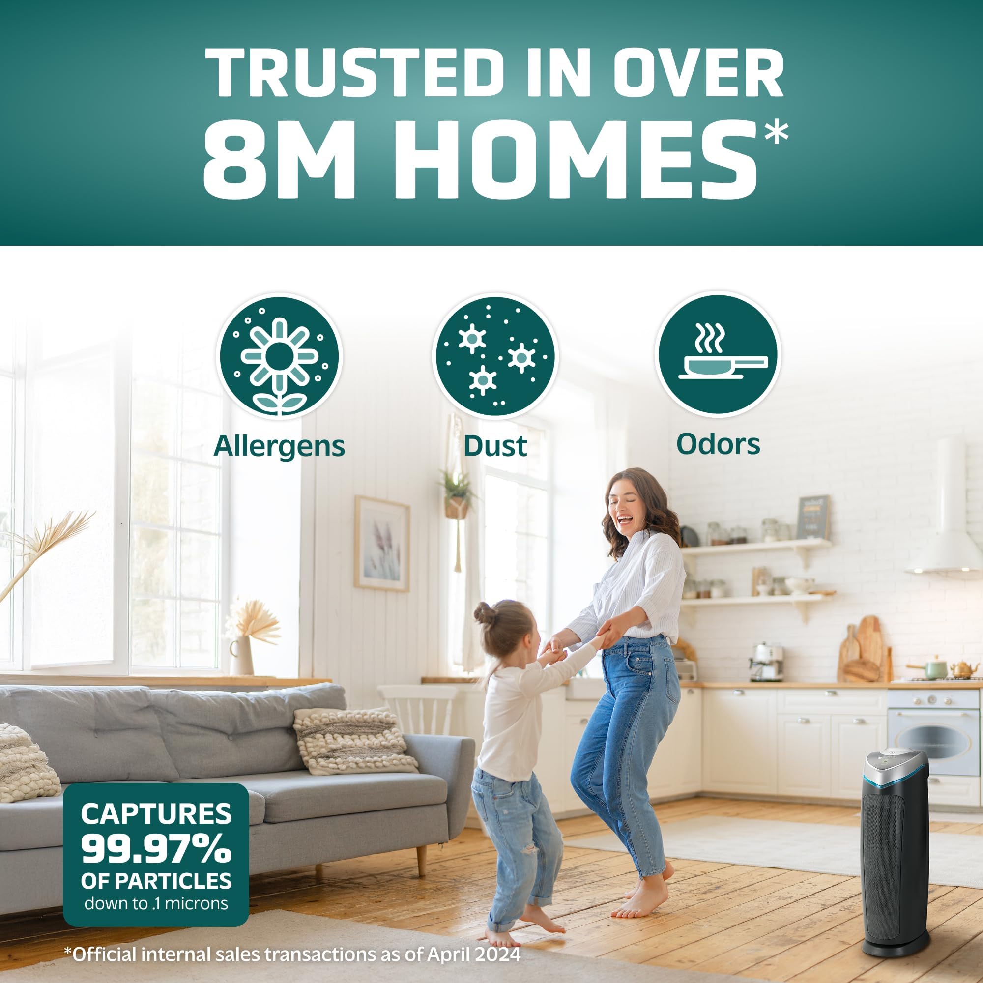 GermGuardian 4-In-1 HEPA Air Purifier for Home, Large Rooms Up To 743 Sq. Ft. with HEPA Air Filter, UV-C Light & Odor Reduction, AC4825E, 22