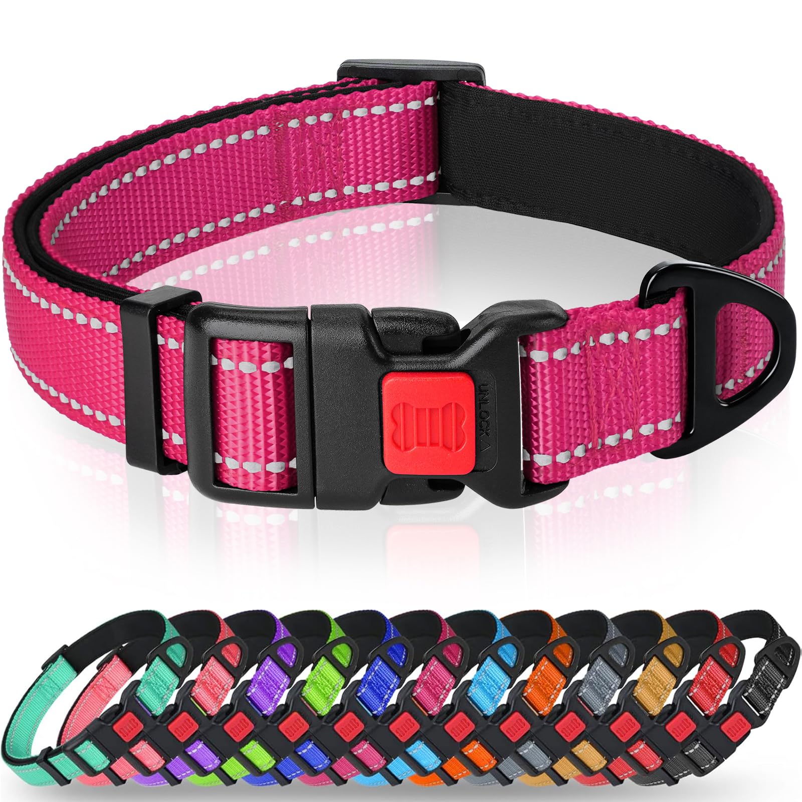 Taglory Reflective Nylon Dog Collar with Safety Buckle, Adjustable Pet Collars with Soft Neoprene Padding for Small Dogs, Hot Pink