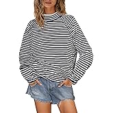 Yanekop Womens Striped Mock Neck Shirts Oversized Long Sleeve Tops Casual Pullover Tops Fall Fashion Basic Tees