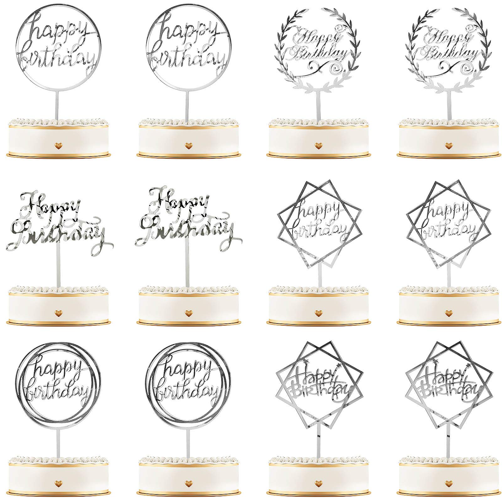 12 Pieces Acrylic Happy Birthday Cake Topper Glitter Birthday Cupcake Topper Pick Decorations for Birthday Party Cake Desserts Pastries, 6 Styles ()