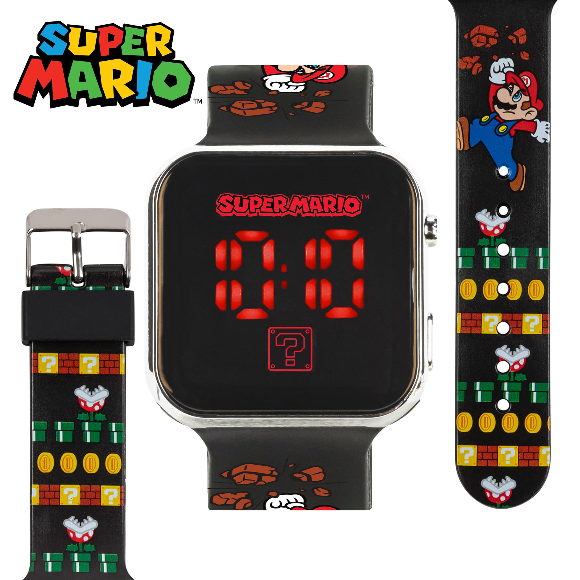 Accutime Nintendo Super Mario Kids LED Watch – Silver Plastic Case, Red LED Display, Iconic Mario Design, Durable Strap with Printed Artwork, Alloy Buckle, Fun Timepiece for Boys and Girls, Ages 6-12