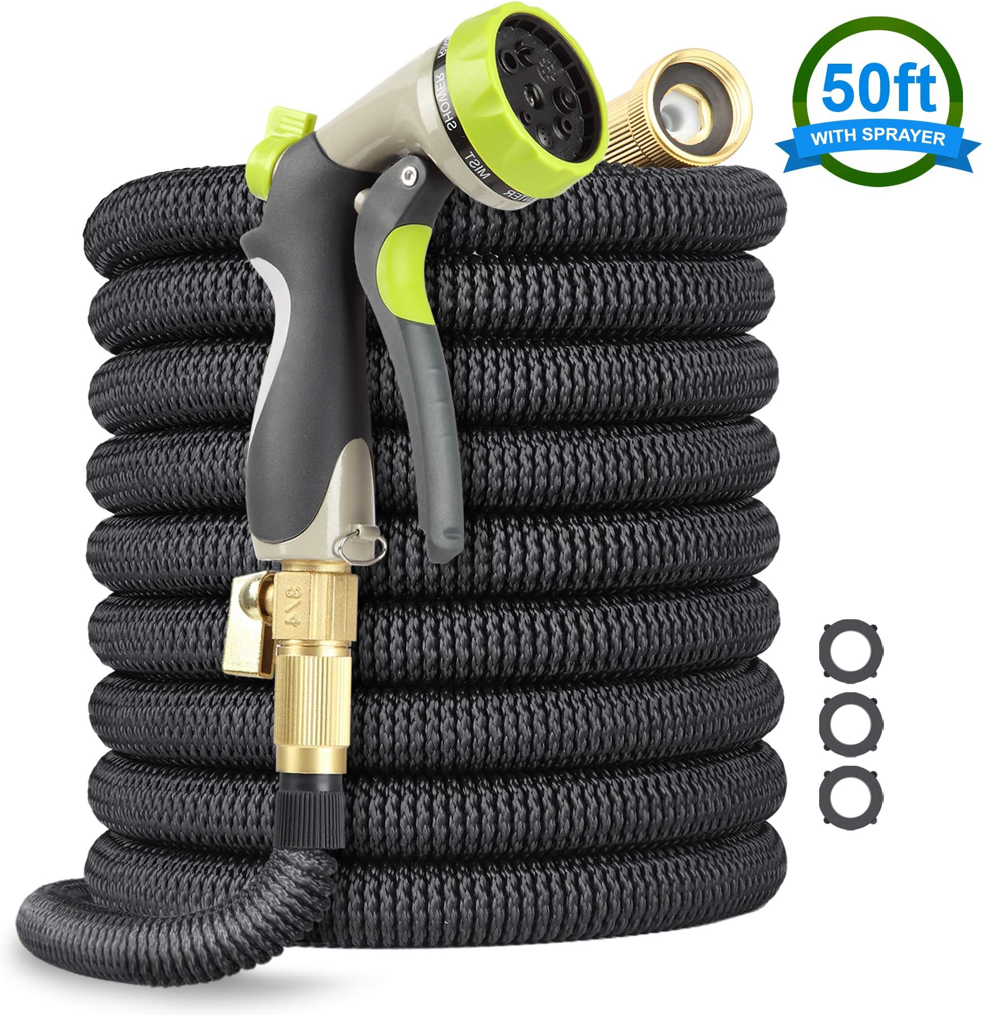 EcoEarth 50 Ft Expandable Garden Hose, Premium Flexible Water Hose with 3/4โโ Nozzle Solid Brass Connector and Double Layer Latex, High Pressure 8 Function Water Spray Nozzle Expanding Hose