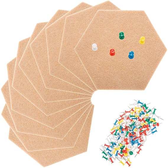 10 Packung Hexagon Filz Board Pin Board Bulletin Board Hexagon Kork Fliesen Selbstklebend mit 100 Stück Pushpins Mini Wall Bu