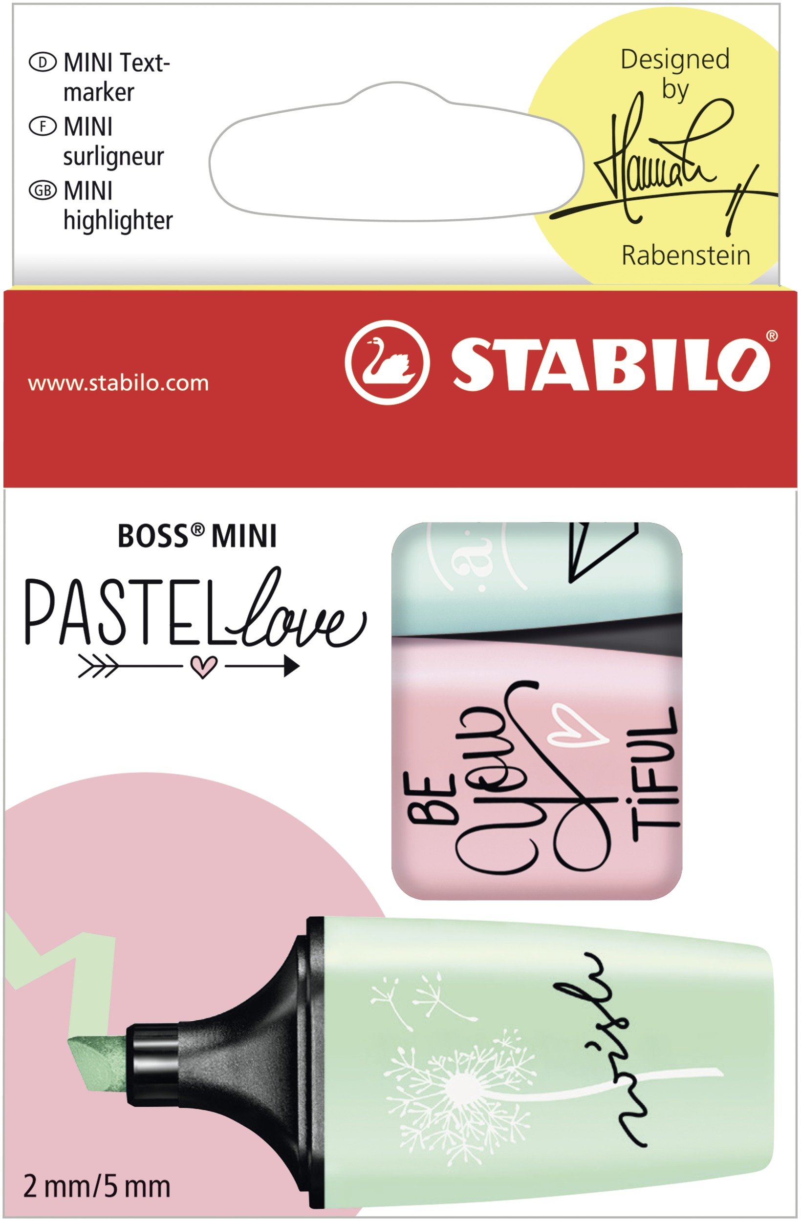 Highlighter - STABILO BOSS MINI Pastellove - Pack of 3 - turquoise, blush, mint green