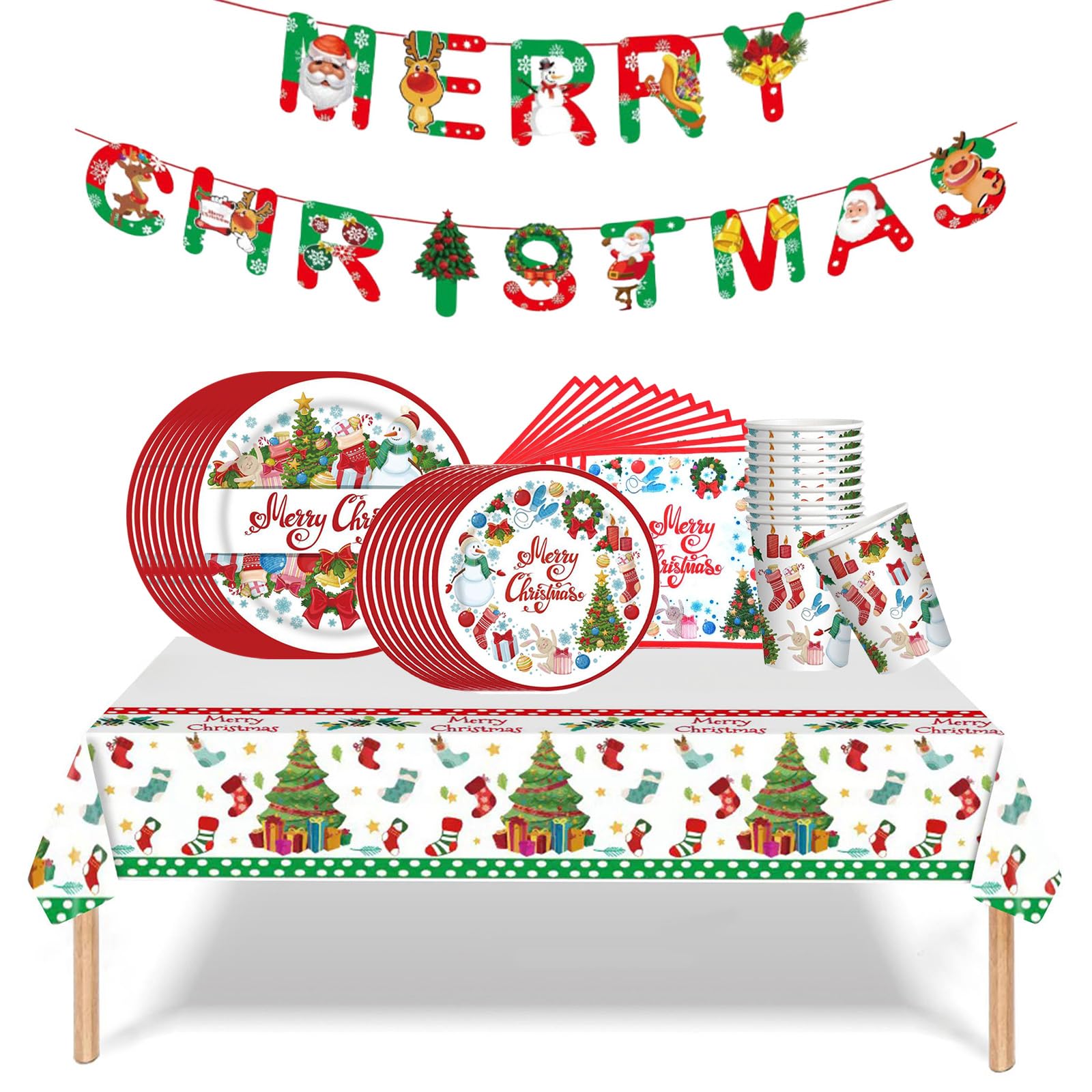 52 PCS Christmas Party Tableware Set, 10 Guests Disposable Plates, Napkins, Cups, Tablecloth and Merry Christmas Banner - Xmax Dinnerware Xmas Party Table Decorations