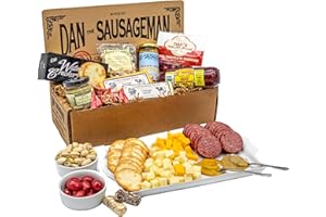 Handpicked Meats Cheese Gift Basket Collection by Dan the Sausageman Featuring Summer Sausage, Mustard Variety, Crackers, and Chocolate Cherries