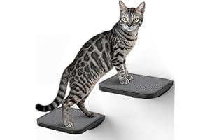 Grey Sisal-Padded Cat Wall Steps (2-Pack), Floating Wooden Cat Perch and Climbing Step Set, Wall Mounted Furniture for Jumpin