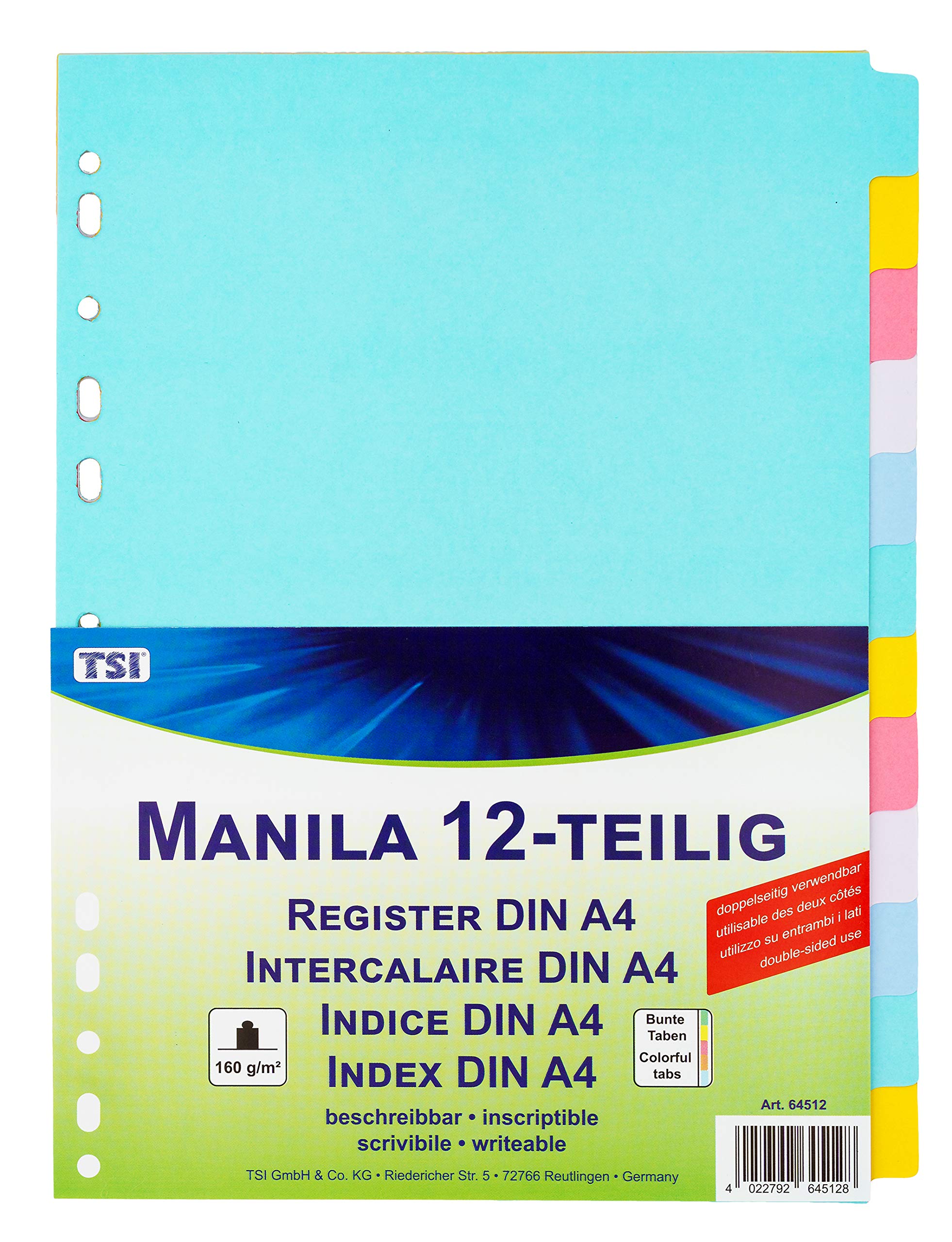 TSI 64512 Index Dividers Made of Sturdy Manila Cardboard 12 Pieces with Colourful Tabs Can Be Written On