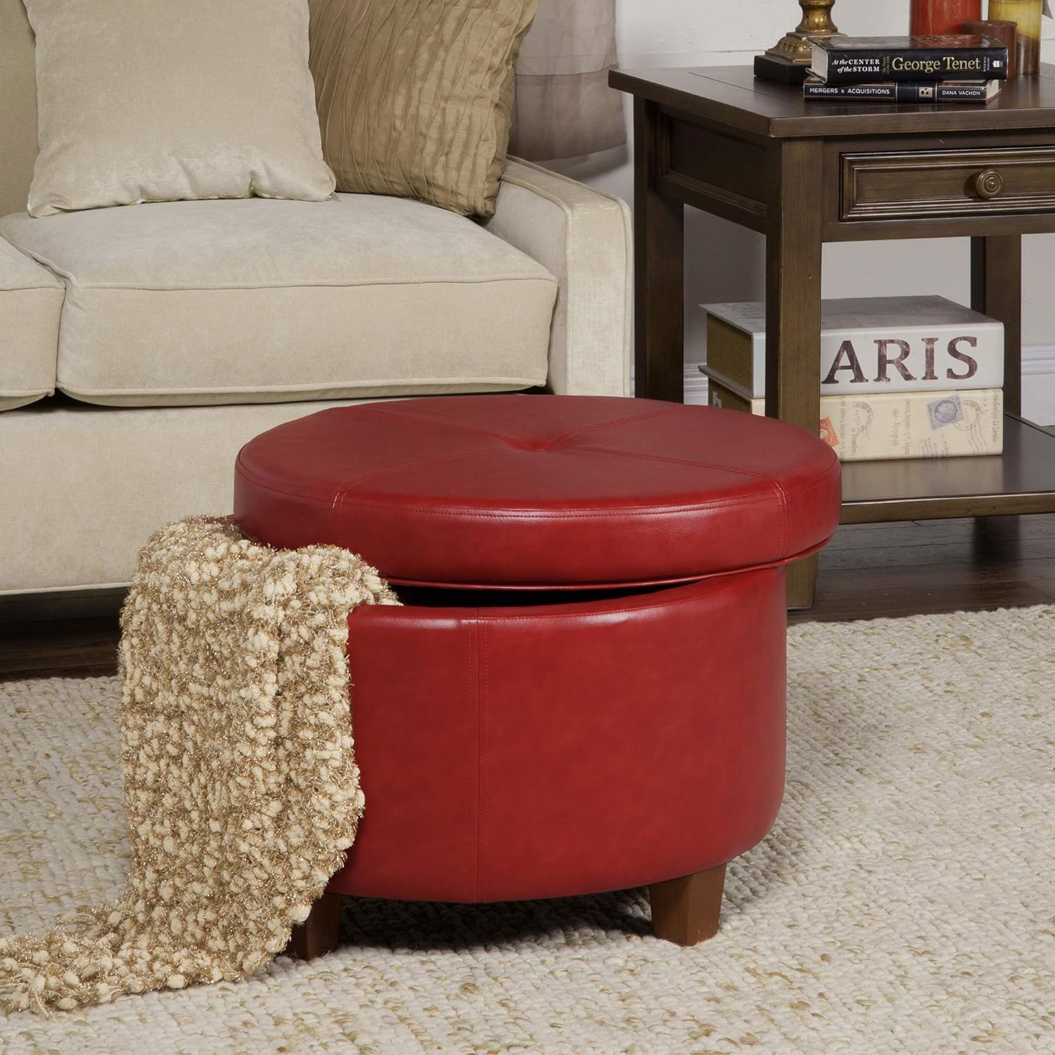 HomePop Round Leatherette Storage Ottoman with Lid, Cinnamon Red: Furniture & Decor
