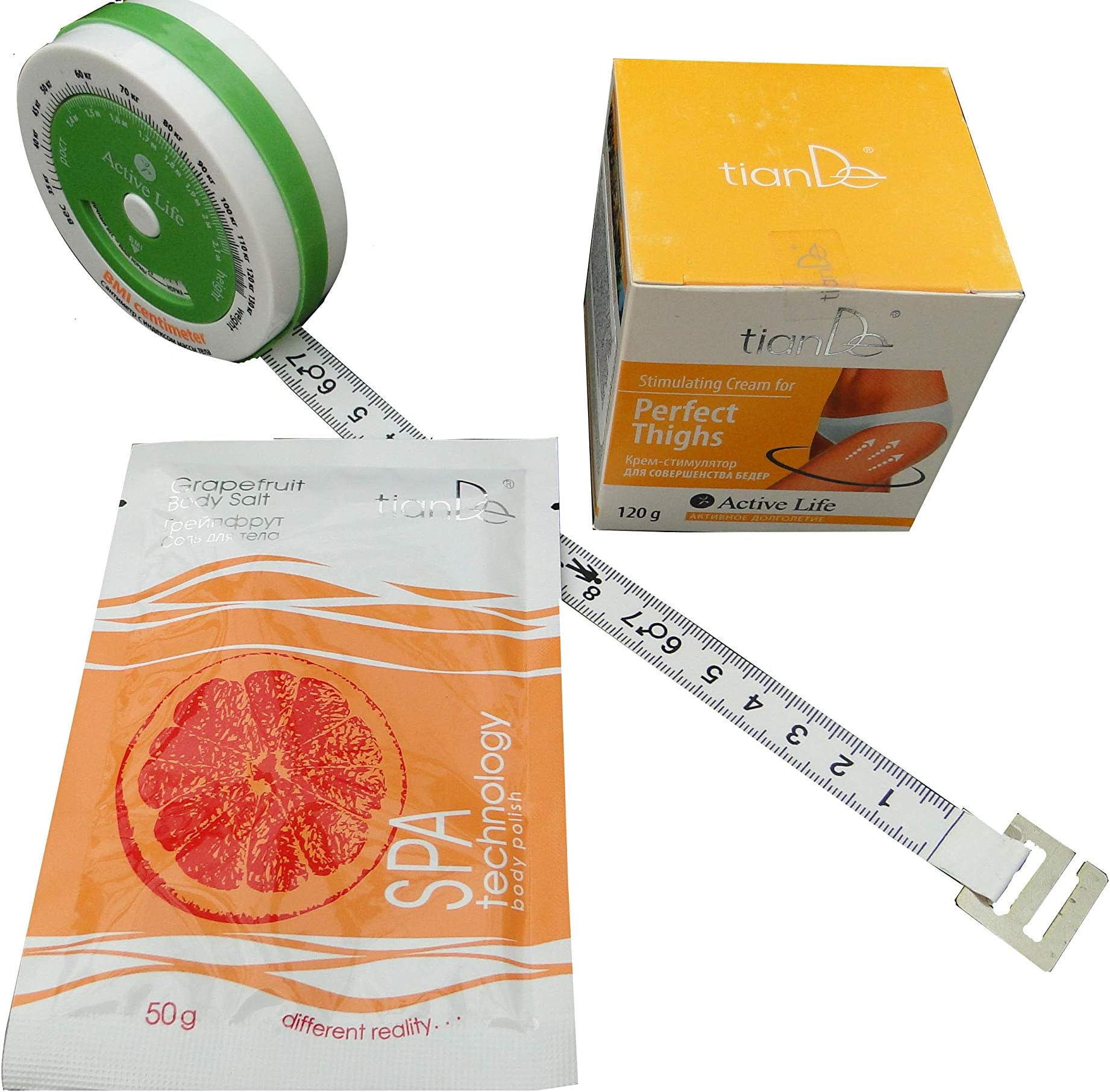 Slimming Set: Thigh Cream (120g) + Peach/Grapefruit Body Salt (50g) + Meter With Body BMI, tianDe