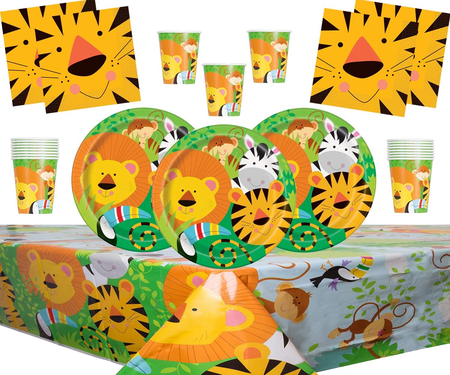 Jungle Animal Birthday Party Supplies 16 Plates 16 Cups 16 Napkins 1 Tablecloth Free Balloons and Assorted Colour Pencils-Serves 16 Guests