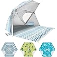 OutdoorMaster Pop Up Beach Umbrella, Portable Tent Shelter, Beach Shade Sun Canopy with UPF 50+ UV Protection, Extendable Floor with Carrying Bag - Azure Jade Stripes