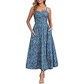 Annebouti Women 2026 Summer Spring Ruched Maxi Dress Adjustable Spaghetti Strap Floral Beach Long Sundress with Pockets
