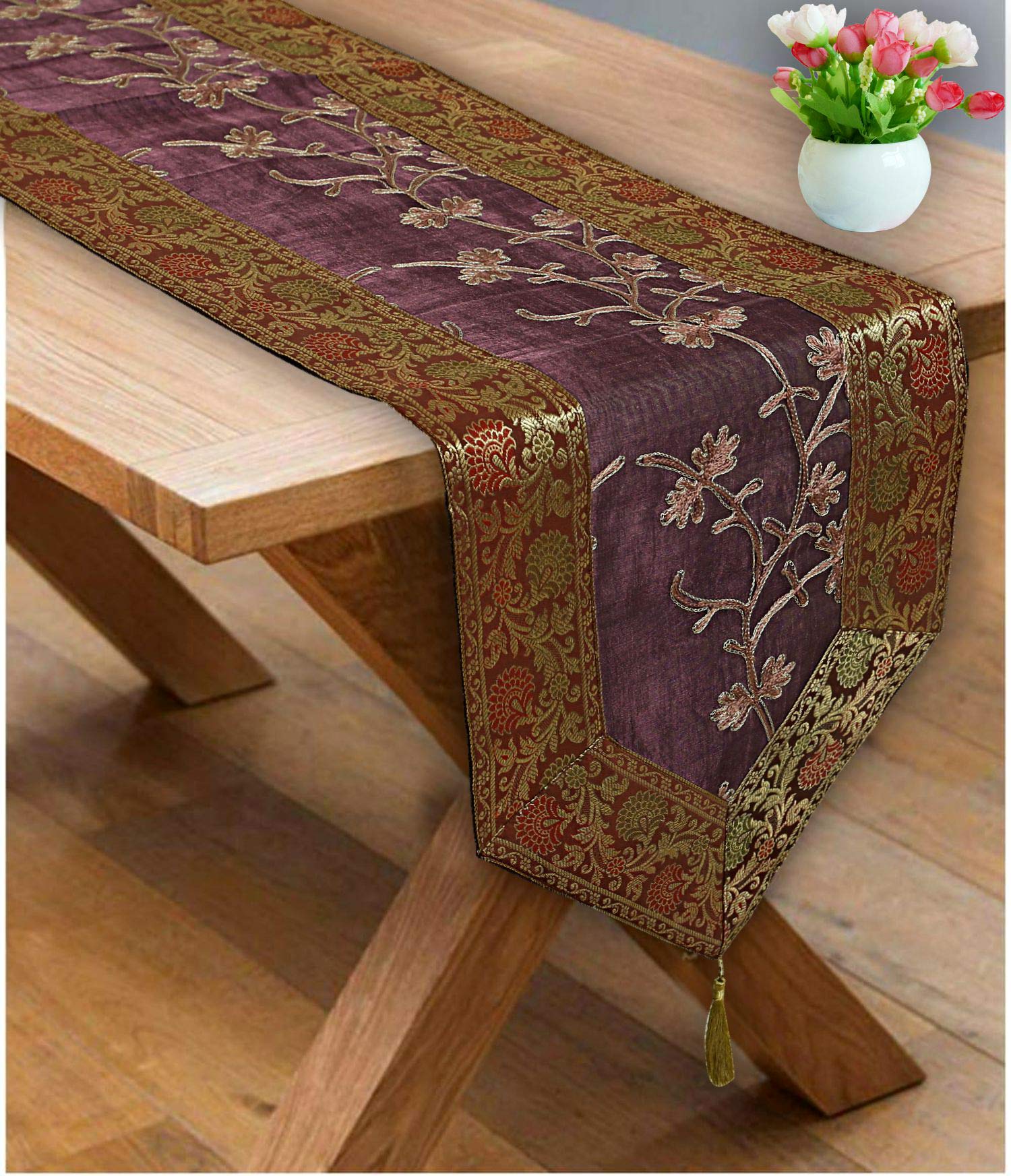 Stylo Culture Coffee Table Runner Elegant Long 72 Inch Coffee Purple Bohemian Brocade Jacquard Bordered 6 ft Decorative Placemat Zari Embroidered Tassels 14 Inches Wide Wedding Reception Party Decor