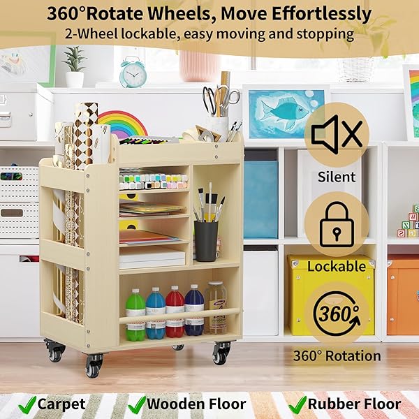 ART CART ROLLING WOOD, ARTS AND CRAFTS SUPPLY ORGANIZER, MULTI-FUNCTIONAL STORAGE CABINET CRAFTS, DIY UTILITY CART WITH PAPER STORAGE SHELF, ART SUPPLY HOLDER FOR CLASSROOM, OFFICE, BEDROOM