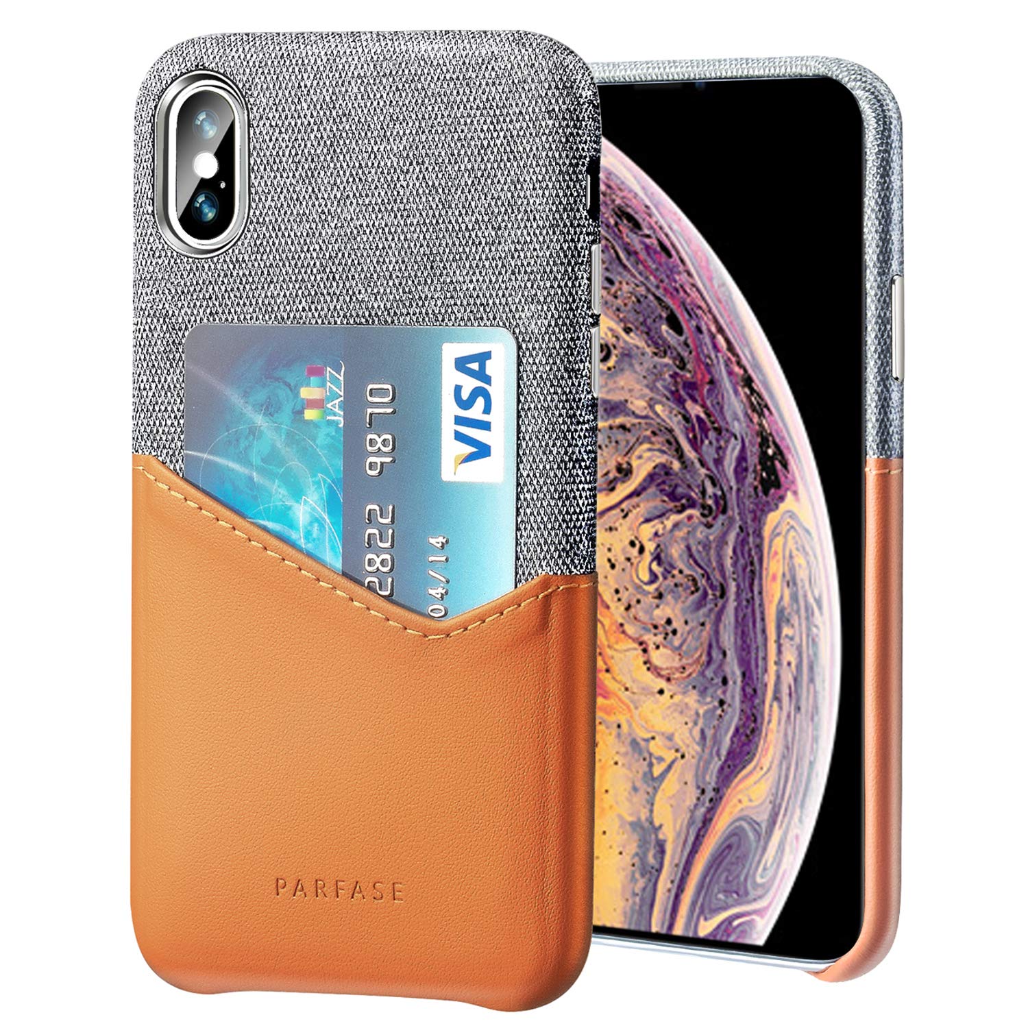 PARFASE iPhone Xs Max Case, iPhone Xs Max Wallet Case, Soft Cloth Fabric Case with ID Credit Card Holder Slot for Apple iPhone Xs Max 6.5 inch (Gray/Brown)