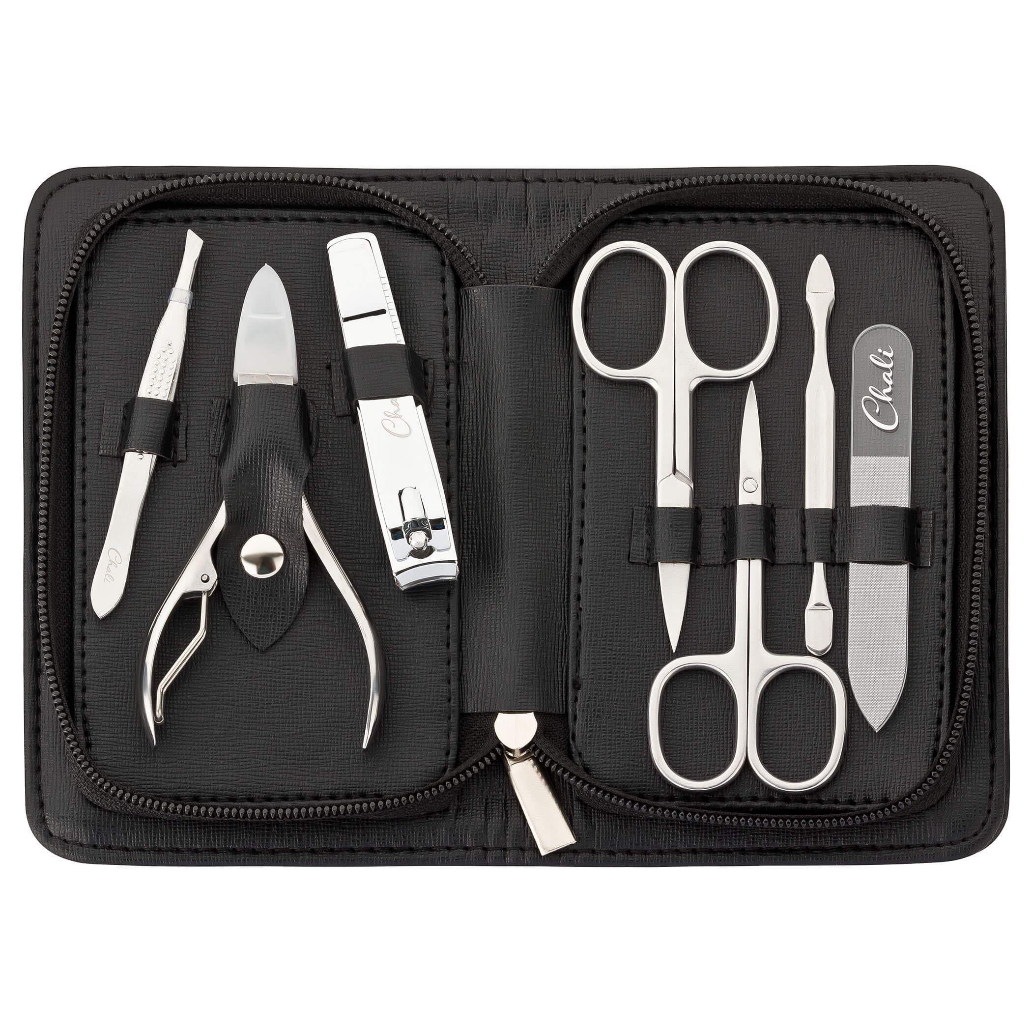 Chali® Manicure Set 7-pcs with case, Stainless Steel Manicure/Pedicure kit for Nail Care - Scissors, Clippers, Tweezers, Glass Nail File