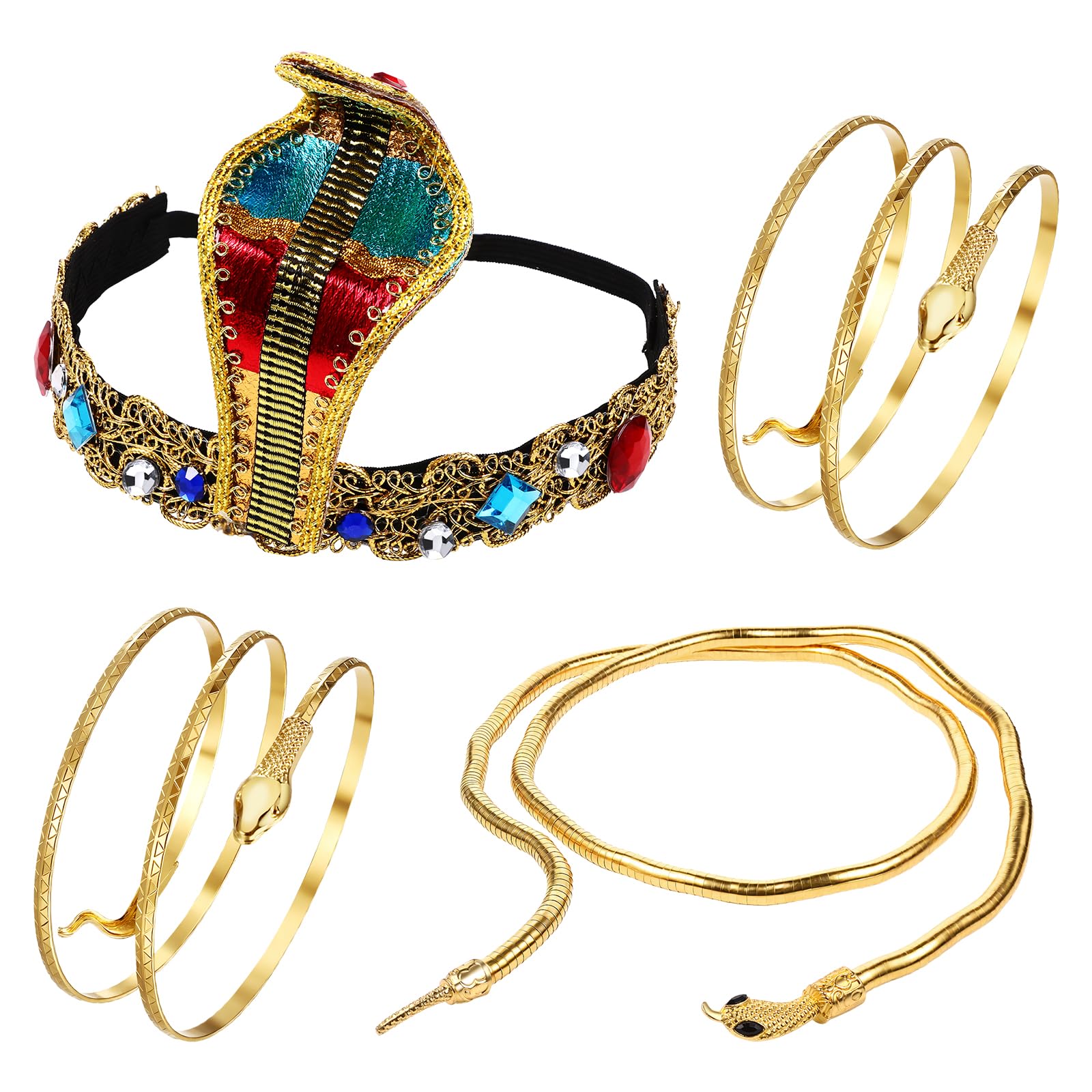 Flongo Cleopatra Costume Jewellery for Women: 4 Piece Egyptian Gold Snake Headpiece - Arm Cuffs and Spiral Bracelet - Ancient Egypt Fancy Dress Accessories - Halloween Costume Jewellery