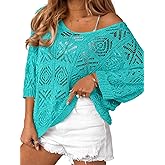 Saodimallsu Womens Crochet Cover Up Top Summer 3/4 Sleeve Off Shoulder Sweater Shirts Mesh Boho Beach Swimsuit Coverup