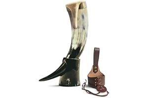 Norse Tradesman Genuine Ox-Horn Viking Drinking Horn with Premium Brass Rim, Fitted Horn Stand & Burlap Gift Sack (High Polis