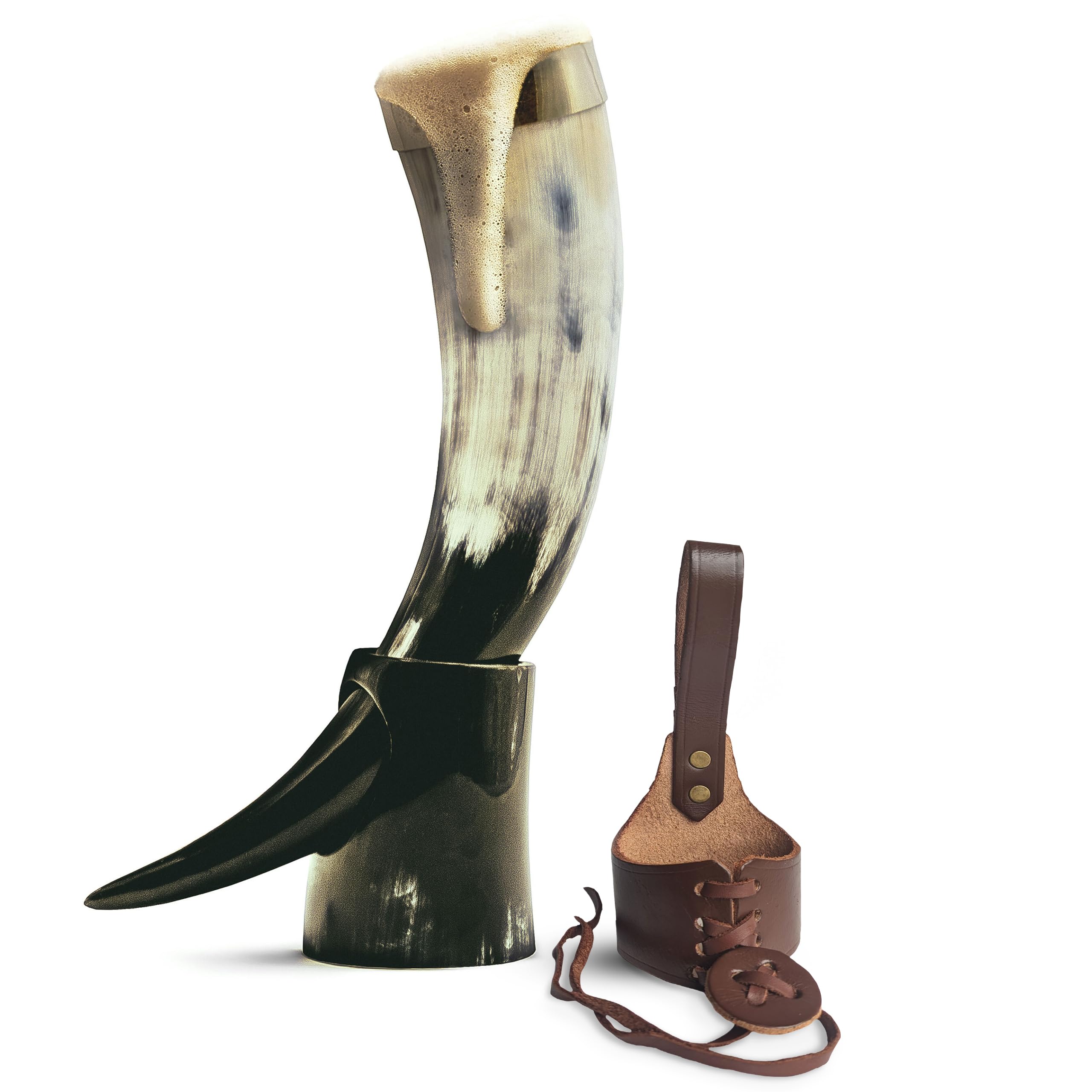 Norse Tradesman Genuine Ox-Horn Viking Drinking Horn Set - Includes Ale Horn With Brass Rim, Premium Brown Leather Belt Holster, Stand & Burlap Gift Sack | The Classic, Polished, 30 cm