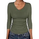 ANRABESS Womens Tops 3/4 Sleeve V Neck Ribbed Knit Slim Fit Shirts Basic Tee 2026 Fall Outfits Casual Tshirt Fashion Clothes