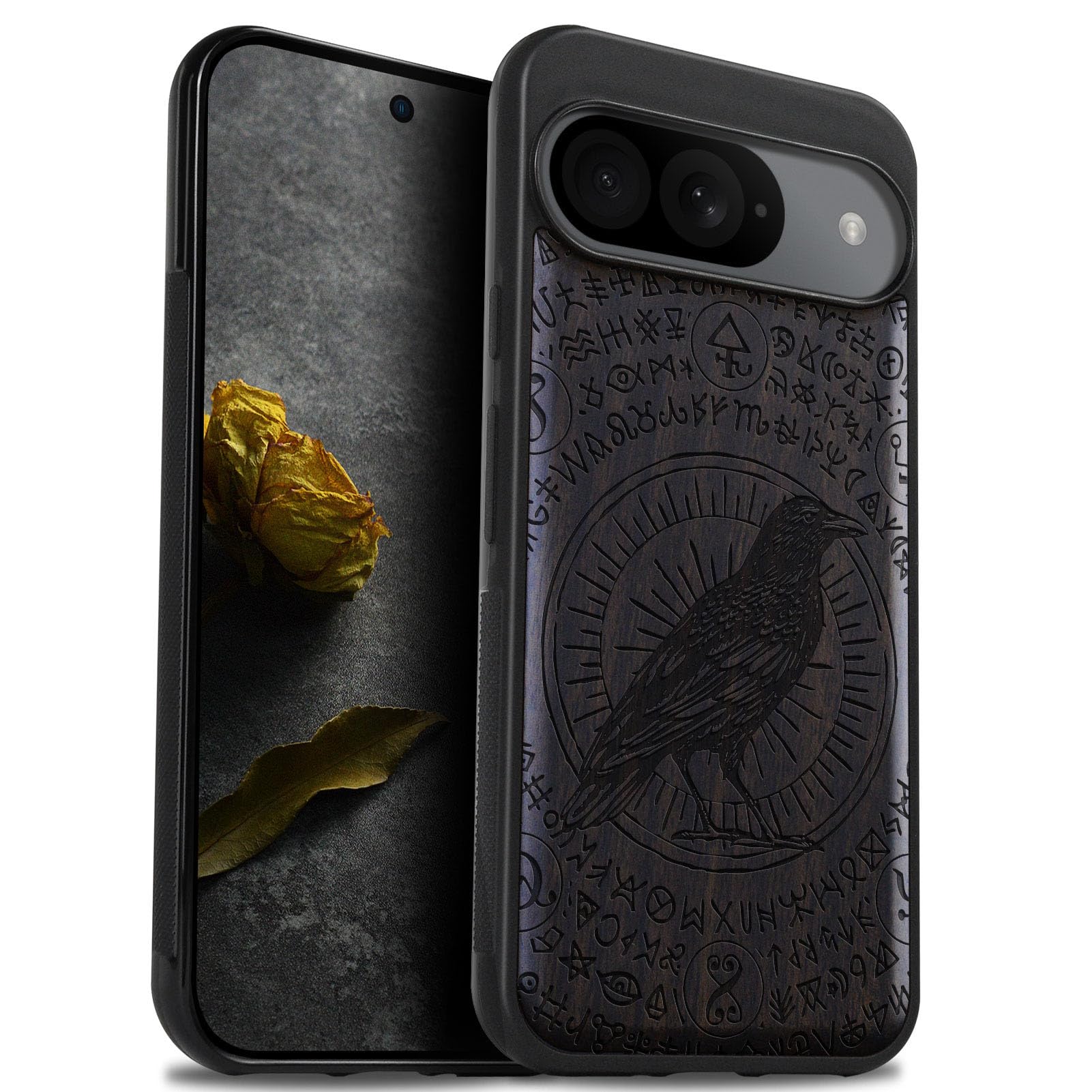 Carveit Wood Case for Pixel 9 - Natural Wood & Black Soft TPU Shockproof Protective Cover - The Haloed Crow-Blackwood