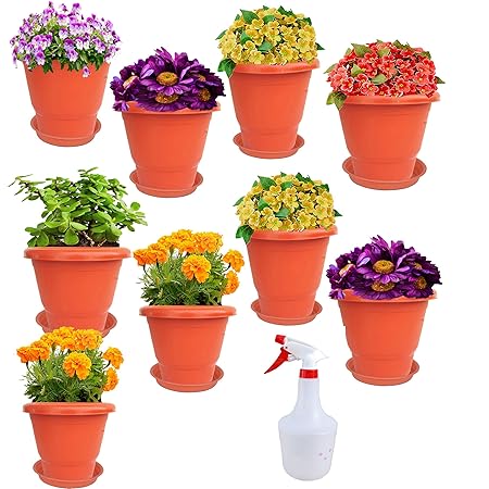 RED WIND Garden Balcony_ Size 8 Inch_ Flowering Planter_Pack of 9_ Terracotta Color_with Bottom Tray and Spray Water Bottle RWFP5