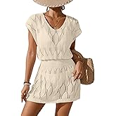 BreathSunny Womens Crochet Elastic Waist Beach Dresses Summer 2025 Scoop Neck Cap Sleeve Bathing Suit Cover Up Mini Dress