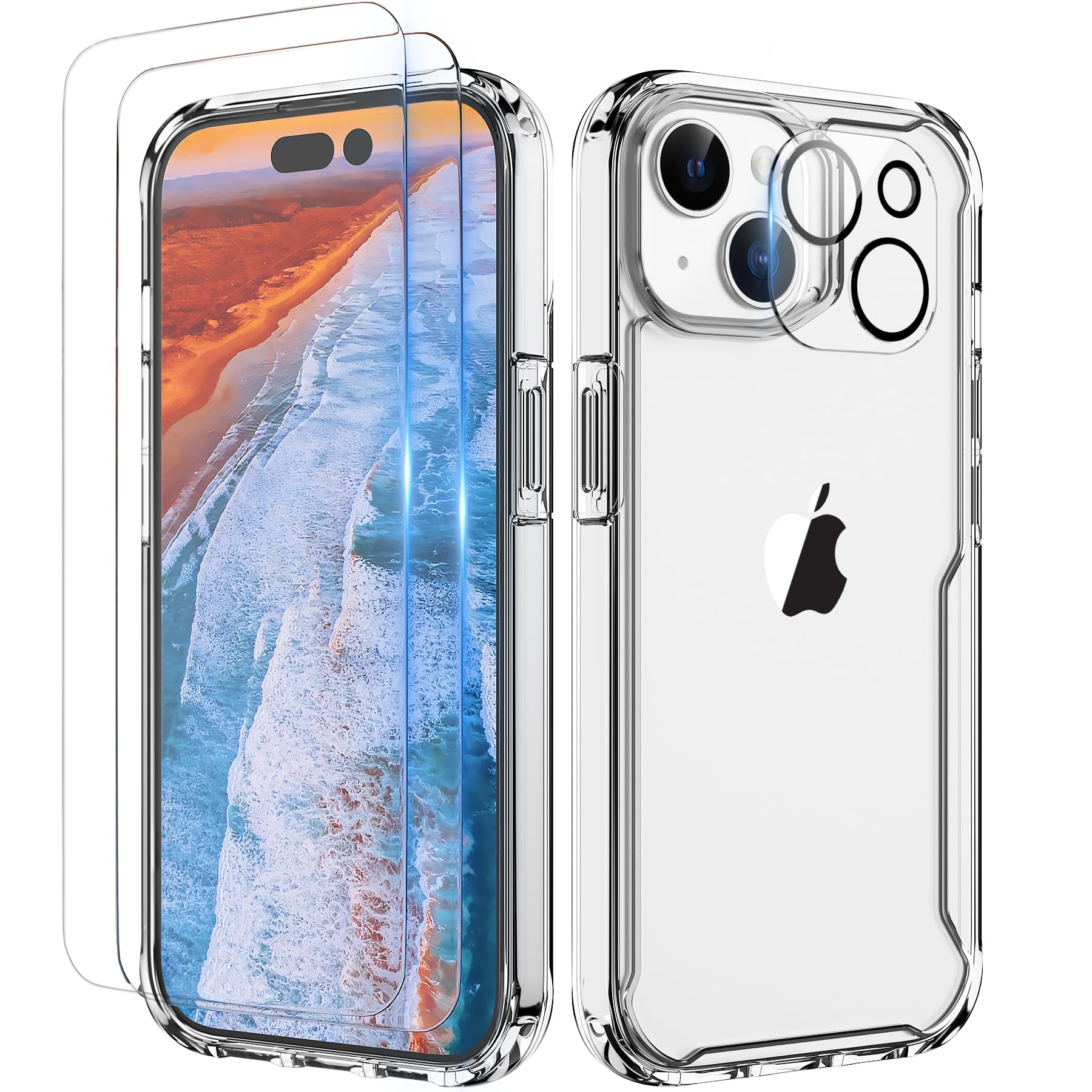 ORETECH Compatible with iPhone 15 Plus Case, with [ 2 x 9H Tempered Glass Screen Protector & Camera Lens Protector] Shockproof Ultra Slim Transparent Non-Slip Bumper PC Hybrid Phone Cover - Clear