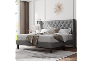 Feonase King Size Bed Frame with Wingback, Upholstered Platform Bed with Diamond Tufted Headboard, Heavy Duty Bed Frame, Wood Slat, Easy Assembly, Noise-Free, No Box Spring Needed, Light Gray