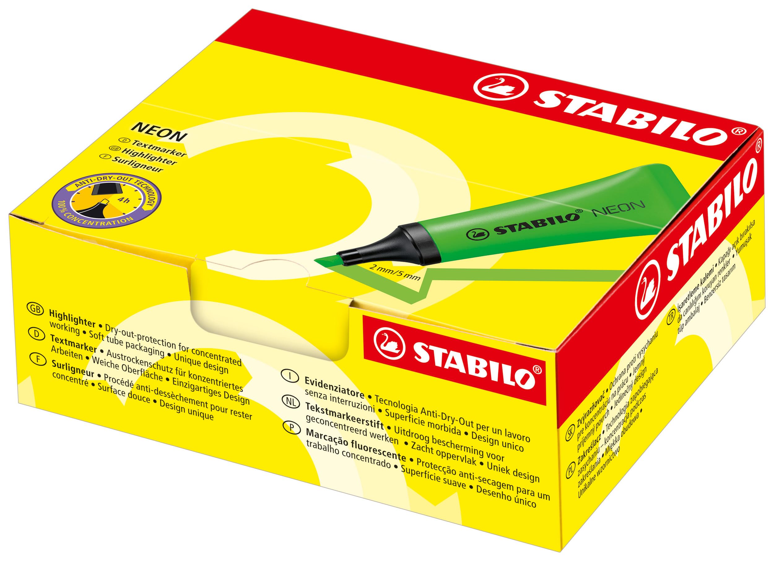 STABILO Highlighter NEON - Pack of 10 - Yellow, Green, Orange, Pink
