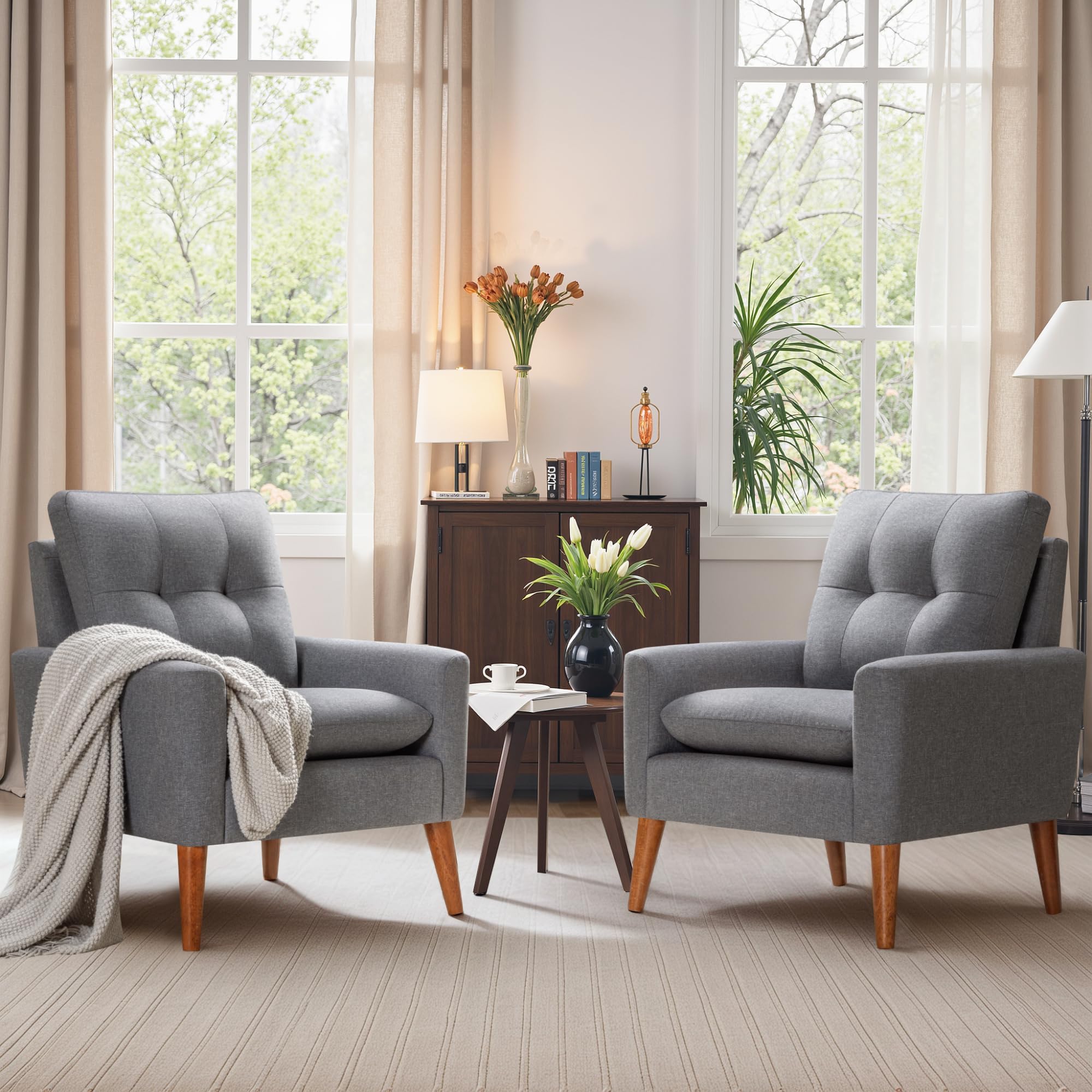 Photo 1 of ***PARTIAL SET, ONE CHAIR ONLY*** JUMMICO Mid Century Accent Chair, Fabric Modern Reading Living Room Chair, Fluffy Comfy Armchair Small Sofa Chair with Wood Legs for Bedroom Office Cafe, Set of 2 (Grey)
