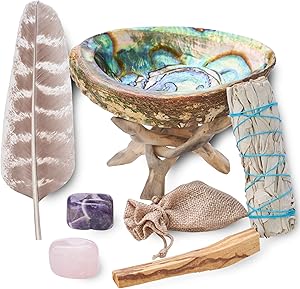 Home Cleansing & Smudging Kit with White Sage, Palo Santo, Abalone & Stand, Smudge Feather & Guide (Regular)