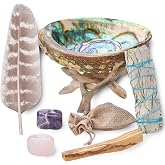 White Sage Home Cleansing &amp; Smudging Kit | Palo Santo, Amethyst, Rose Quartz, Abalone Shell &amp; Stand, Smudge Feather, Guide Included