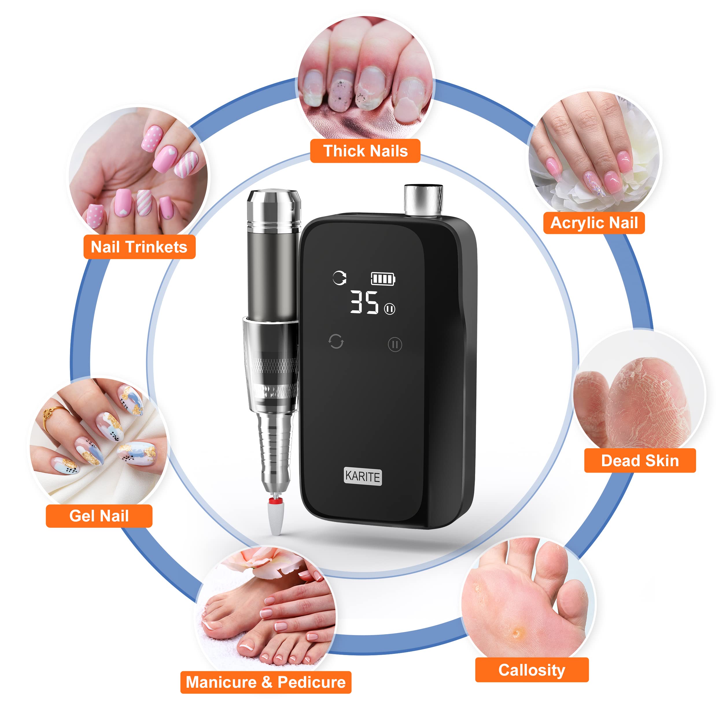 KARITE Nail Drill for Acrylic Nails Professional, 35000RPM Portable Nail File, Electric Nail Drill Machine 24H Working Time, Coreless Motor and 12 Bits, for Nail Art Manicure Pedicure, Low Noise - Image 8