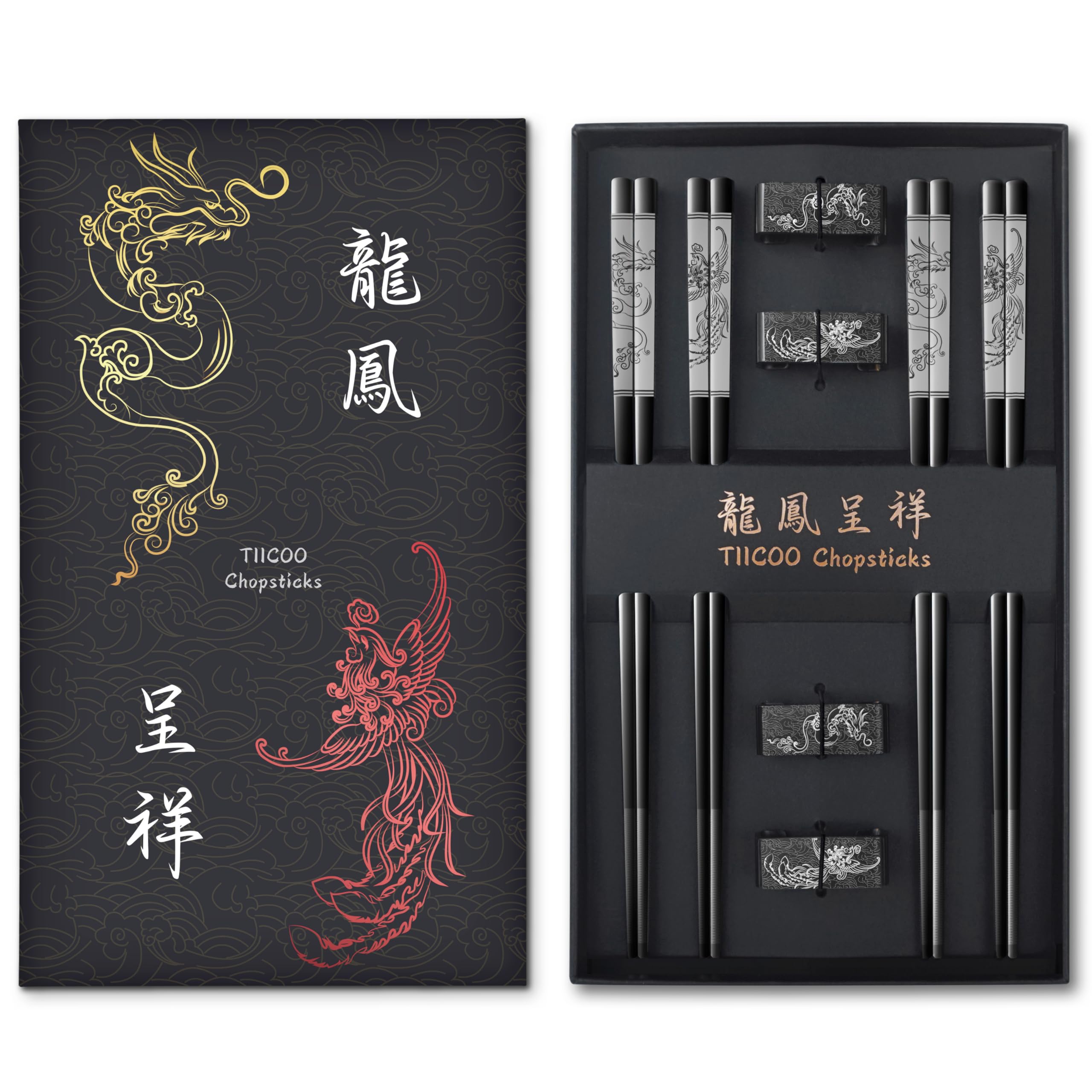 Metal Chopsticks Reusable 18/8 Stainless Steel Chopsticks Chinese Dragon and Phoenix Cho psticks with Holder Chinese Traditional Stylish Gift Set (4 Pairs-Blcak)