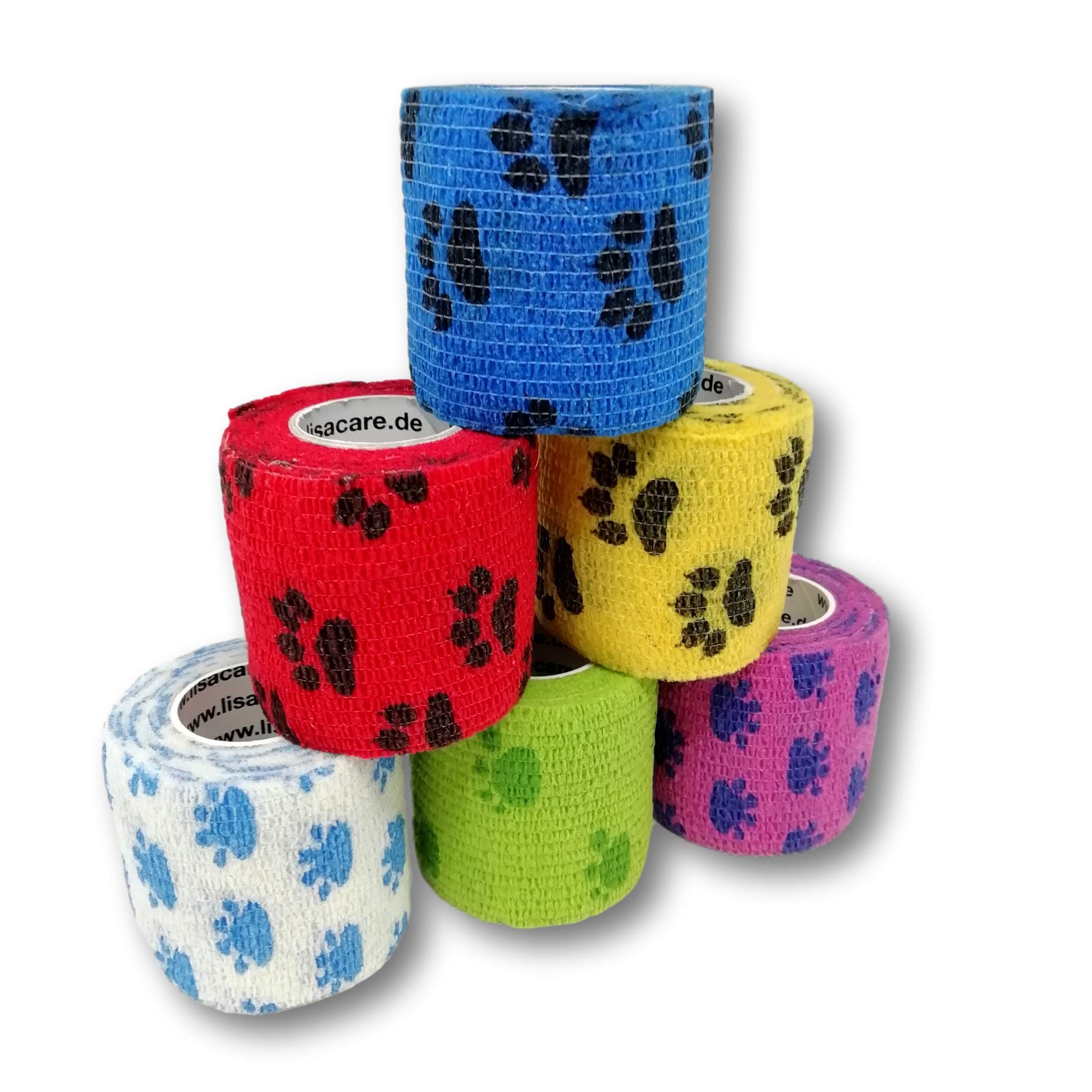 LisaCare Dog Bandages, 6 Rolls, 5 cm, Elastic, Self-Adhesive, Medical Certified, 6 count
