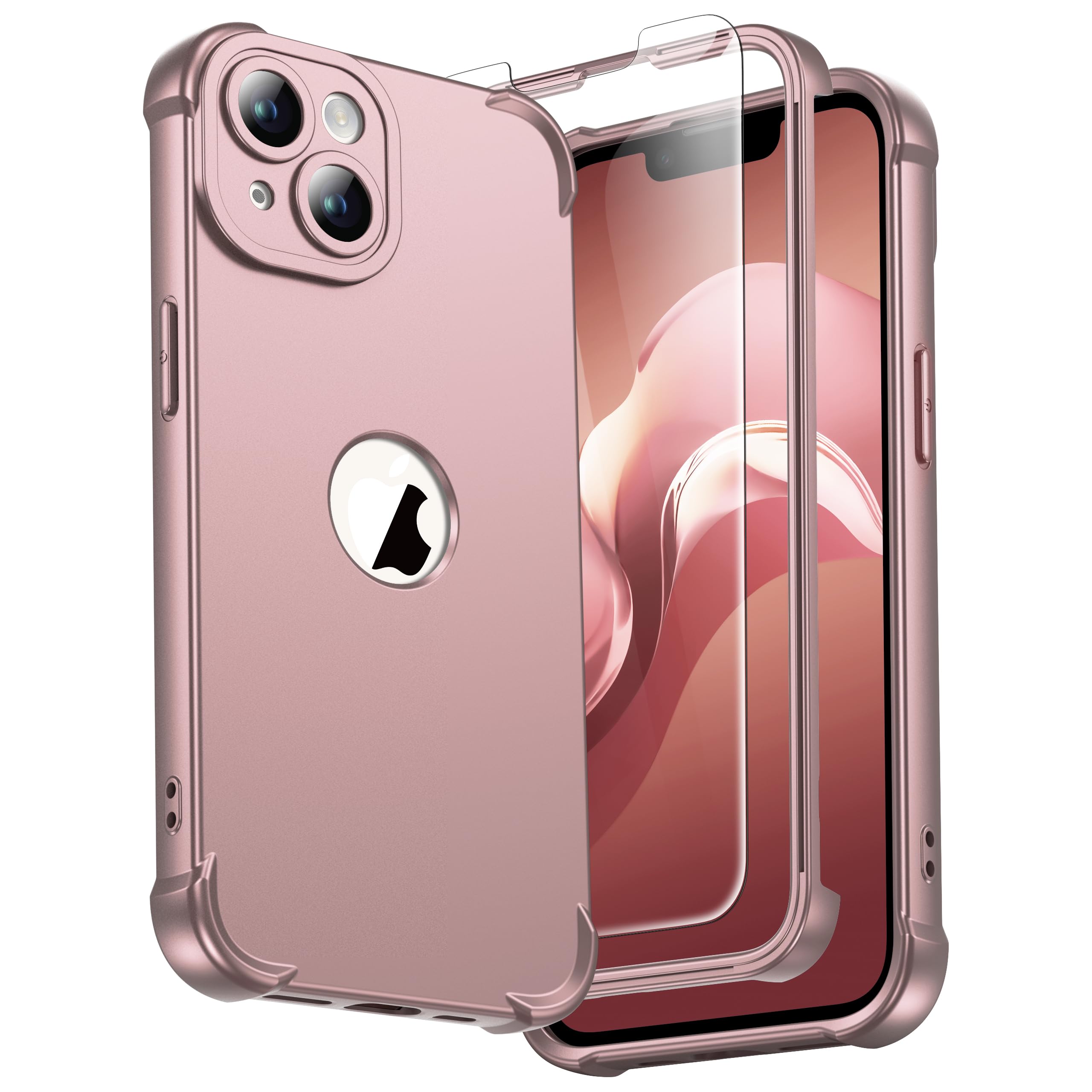 ORETECH for iPhone 14 Case 6.1 inch, with [2 Pack Screen Protector] [Camera Lens Guard] [15FT Military Grade Drop Test] 360° Shockproof Slim Fit Design Rubber Bumper Phone Cover - Rose Gold