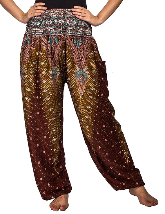 Lofbaz Damen Haremshose mit gesmoktem Bund Pfauendruck Blumenmuster
